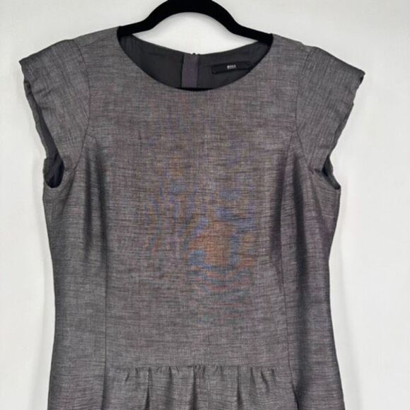 Hugo Boss Womens Linen Blend Cap Sleeve Pleated Sheath Dress Heather Gray Size 6 - Picture 4 of 11